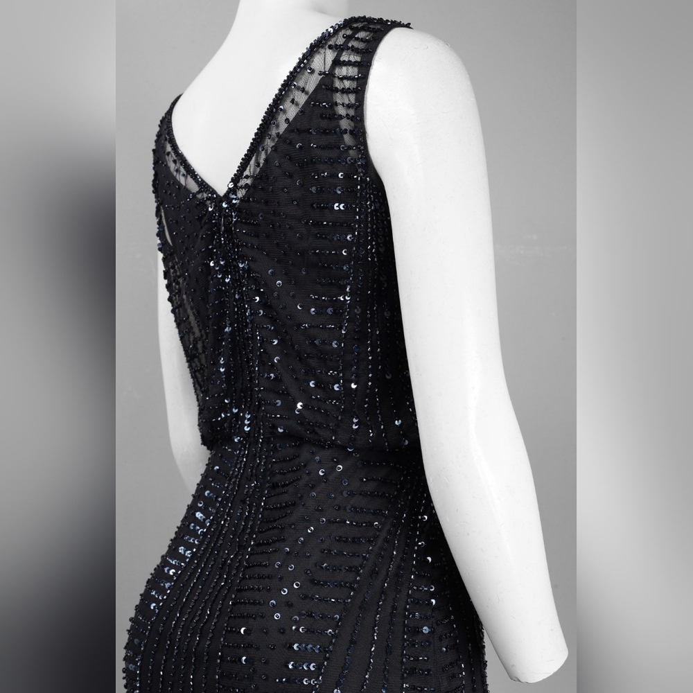 ADRIANNA PAPELL SLEEVELESS MIXED BEAD AND SEQUIN PATTERN MESH BLOUSON DRESS - Picture 5 of 6